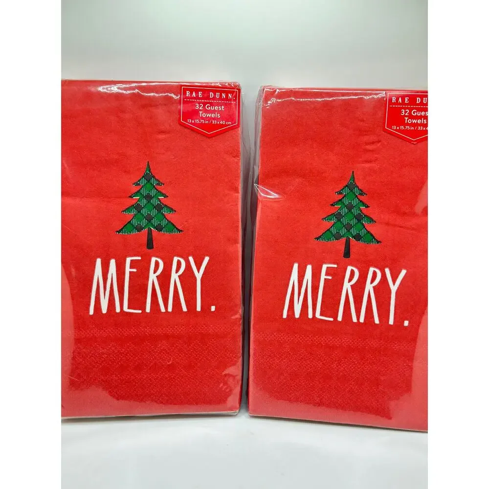 Rae Dunn Merry Guest Towels- Red with Tree